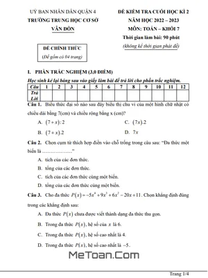 Đề Thi Học Kì 2 Môn Toán Lớp 7 Năm 2022 - 2023 Trường THCS Vân Đồn - TP.HCM