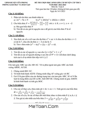 Đề thi học sinh giỏi huyện môn Toán lớp 8 năm 2022 - 2023 phòng GD&ĐT Yên Phong - Bắc Ninh