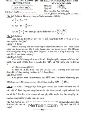 Đề khảo sát HSG Toán 7 năm 2023 - 2024 phòng GD&ĐT Lệ Thủy - Quảng Bình