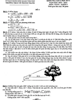 Đề giữa học kì 1 Toán 9 năm 2022 – 2023 trường THCS Võ Thành Trang – TP HCM