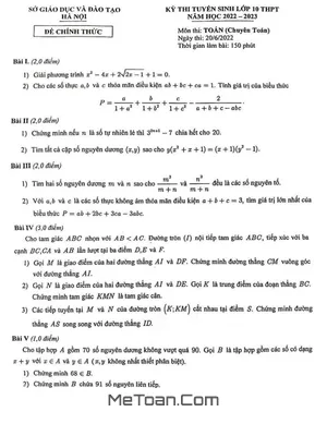 Đề Tuyển Sinh Lớp 10 Môn Toán (Chuyên Toán) Năm 2022 - 2023 Sở GD&ĐT Hà Nội