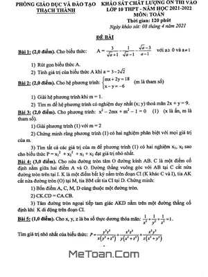 Đề KSCL Toán vào lớp 10 năm 2021-2022 phòng GD&ĐT Thạch Thành, Thanh Hóa