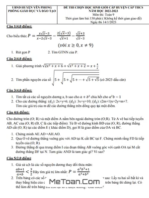 Đề thi học sinh giỏi huyện Toán 9 năm 2022 - 2023 phòng GD&ĐT Yên Phong - Bắc Ninh