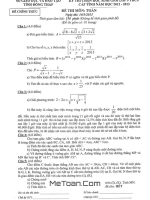 Đề thi HSG Toán 9 cấp tỉnh năm 2012 - 2013 Sở GD&ĐT Đồng Tháp