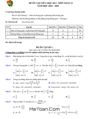 Đề Ôn Tập Giữa Học Kì 1 Toán 11 Năm 2024 - 2025 Trường THPT Việt Đức - Hà Nội