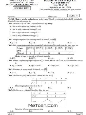 Đề thi giữa kỳ 1 Toán 12 năm 2024 - 2025 trường Mỹ Việt - TP HCM