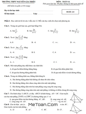 Đề học kì 1 Toán 11 năm 2024 - 2025 trường THPT Nguyễn Gia Thiều - Hà Nội