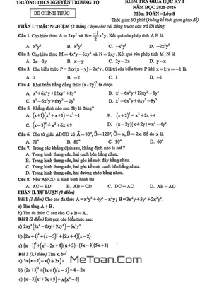 Đề Thi Giữa Học Kỳ 1 Môn Toán Lớp 8 Năm 2025 - 2026 Của Trường THCS Nguyễn Trường Tộ - Hà Nội