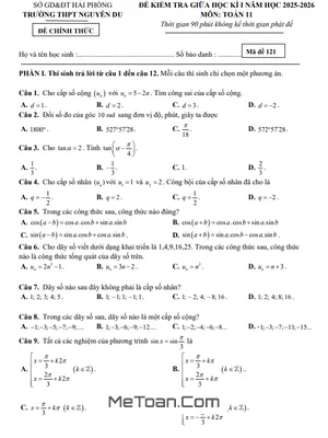 Tải Miễn Phí Đề Thi Giữa Học Kỳ 1 Toán 11 Năm 2025 - 2026 THPT Nguyễn Du - Hải Phòng (Kèm Đáp Án Chi Tiết)