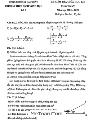Đề Kiểm Tra Giữa Học Kỳ 1 Toán 9 Năm Học 2025 - 2026 Trường THCS Dịch Vọng Hậu
