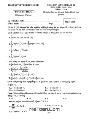 Đề giữa kì 2 Toán 12 năm 2025 – 2026 trường THPT Bùi Hữu Nghĩa – Cần Thơ
