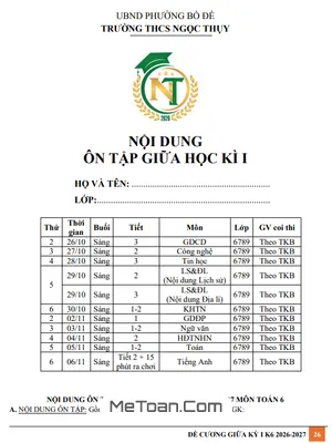 Đề cương Ôn tập Giữa học kỳ 1 Toán 6 Năm học 2026-2027 tại THCS Ngọc Thụy, Hà Nội