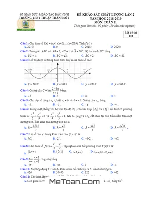 Đề khảo sát Toán 11 lần 2 năm 2018 - 2019 trường Thuận Thành 1 - Bắc Ninh