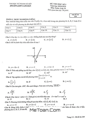 Đề thi học kỳ 1 Toán 10 năm 2018 - 2019 trường THPT chuyên ĐHSP Hà Nội
