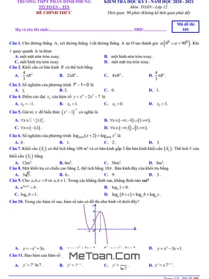 Đề thi học kỳ 1 Toán 12 năm 2020 - 2021 trường THPT Phan Đình Phùng - Hà Nội