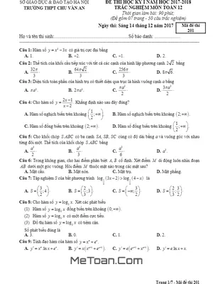 Đề thi HK1 Toán 12 năm học 2017 - 2018 trường THPT Chu Văn An - Hà Nội