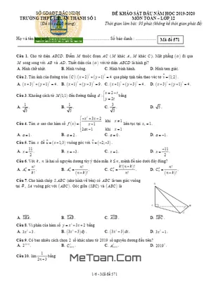 Đề khảo sát Toán 12 đầu năm học 2019 - 2020 trường Thuận Thành 1 - Bắc Ninh