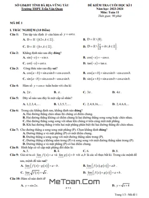 Đề Thi Cuối Kì 1 Toán 11 Năm 2023 - 2024 Trường THPT Trần Văn Quan - BR VT