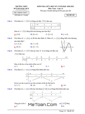 Đề thi giữa HK1 Toán 12 năm 2020 - 2021 trường THPT Huỳnh Ngọc Huệ - Quảng Nam