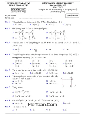 Đề thi HK2 Toán 12 năm học 2016 - 2017 Sở GD&ĐT Cần Thơ - Có đáp án