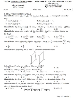 Đề Thi Giữa Kỳ 2 Toán 11 Năm 2022 - 2023 Trường THPT Nguyễn Trung Trực - Kiên Giang