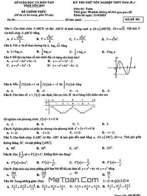 Đề thi thử tốt nghiệp THPT 2023 môn Toán sở GD&ĐT Yên Bái (mã đề 001)