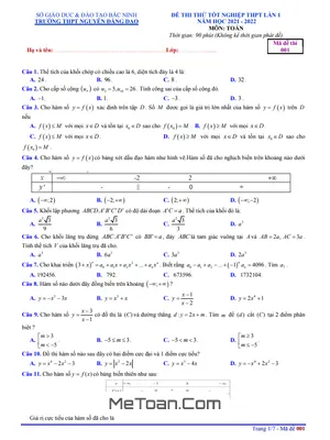 Đề thi thử THPT 2022 môn Toán lần 1 trường Nguyễn Đăng Đạo – Bắc Ninh