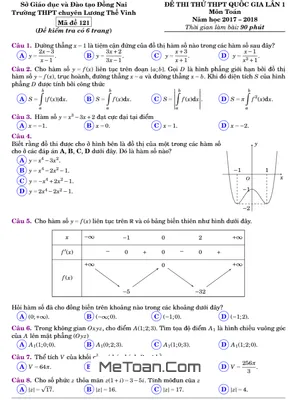 Đề thi thử Toán 2018 THPT chuyên Lương Thế Vinh - Đồng Nai lần 1 có đáp án
