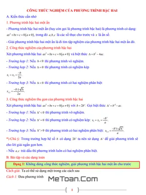 Tài Liệu Toán 9: Công Thức Nghiệm Của Phương Trình Bậc Hai