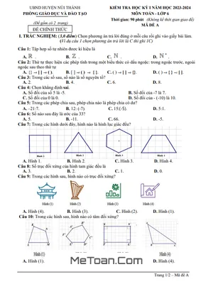 Đề thi học kỳ 1 Toán lớp 6 năm 2023 - 2024 phòng GD&ĐT Núi Thành (Quảng Nam) có đáp án