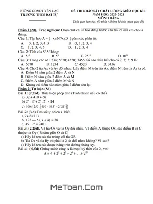 Đề thi giữa kì 1 Toán lớp 6 năm 2020 - 2021 trường THCS Đại Tự - Vĩnh Phúc