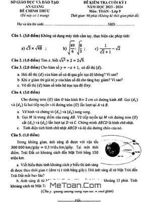 Đề kiểm tra cuối kỳ 1 Toán 9 năm 2023 – 2024 sở GD&ĐT An Giang