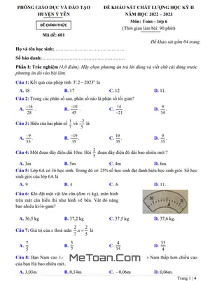 Đề thi học kỳ 2 Toán lớp 6 năm 2022 - 2023 phòng GD&ĐT Ý Yên - Nam Định
