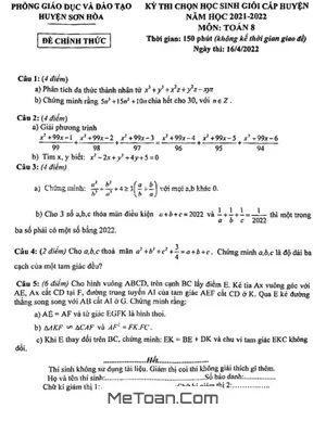 Đề thi chọn HSG huyện Toán 8 năm 2021 - 2022 phòng GD&ĐT Sơn Hòa - Phú Yên