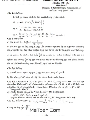 Đề giao lưu HSG Toán 7 lần 7 năm 2023 - 2024 phòng GD&ĐT Nông Cống - Thanh Hóa