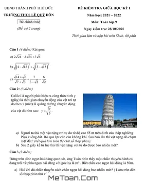 Đề thi giữa học kỳ 1 Toán 9 năm 2021 - 2022 trường THCS Lê Quý Đôn - TP HCM