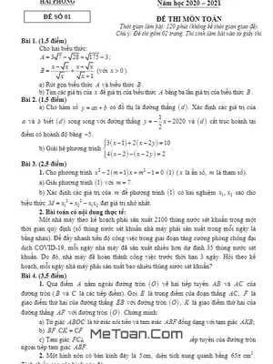 Đề thi tuyển sinh lớp 10 môn Toán năm 2020 - 2021 Sở GD&ĐT Hải Phòng