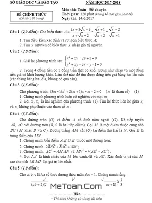 Đề thi tuyển sinh lớp 10 THPT chuyên Toán Lai Châu 2017-2018 có lời giải
