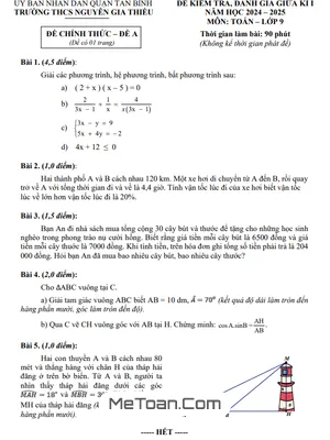 Đề thi giữa kì 1 Toán 9 năm 2024 - 2025 trường THCS Nguyễn Gia Thiều - TP HCM
