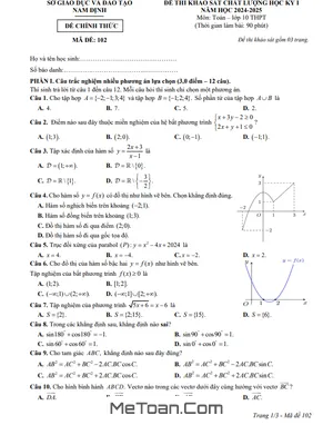 Đề thi học kỳ 1 Toán 10 năm 2024 - 2025 sở GD&ĐT Nam Định