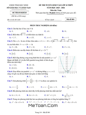 Đề tham khảo tuyển sinh lớp 10 môn Toán năm 2025 - 2026 sở GD&ĐT Bắc Ninh