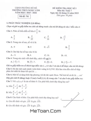Đề thi học kì 1 Toán 7 năm 2025 – 2026 trường THCS Ngọc Lâm – Hà Nội