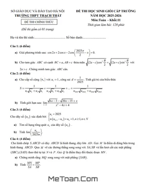 Đề thi học sinh giỏi Toán 11 năm 2025 – 2026 trường THPT Thạch Thất – Hà Nội