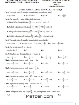 Ôn tập giữa HK1 Toán 11 năm 2020 - 2021 trường THPT Trần Phú - Hà Nội