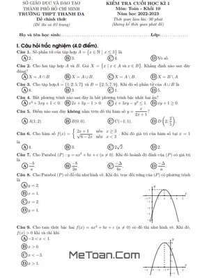 Đề thi học kì 1 Toán 10 năm 2022 - 2023 trường THPT Thanh Đa - TP.HCM (có đáp án)