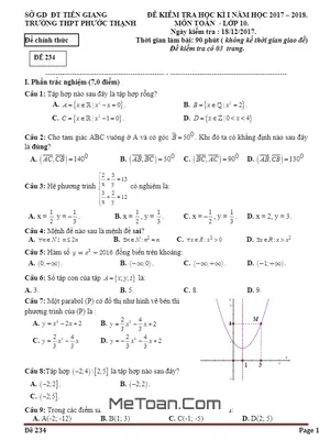 Đề thi HK1 Toán 10 năm học 2017 - 2018 trường THPT Phước Thạnh - Tiền Giang (Có đáp án)