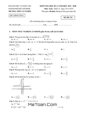 Đề thi học kì 1 Toán 12 năm 2019 - 2020 trường THPT An Nghĩa - TP HCM