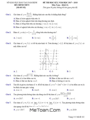 Bộ Đề thi HK1 Toán 12 năm học 2017 - 2018 Sở GD&ĐT Nam Định (Có đáp án)