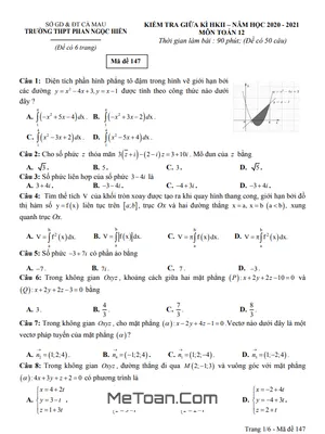 Đề thi giữa kì 2 Toán 12 năm 2020 - 2021 trường Phan Ngọc Hiển - Cà Mau