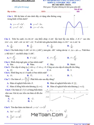 Đề khảo sát Toán 12 lần 2 năm 2023 - 2024 trường THPT Đội Cấn - Vĩnh Phúc